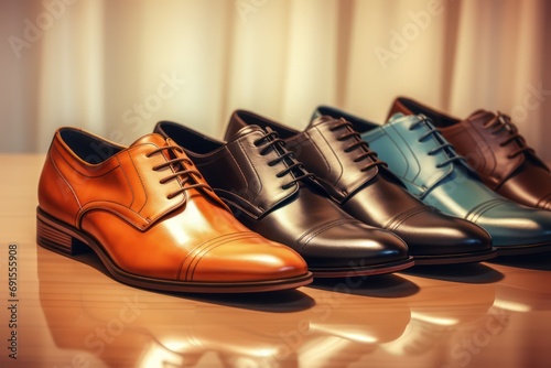 Blurred men's leather shoes. stylish men's shoes on a shelf in a store