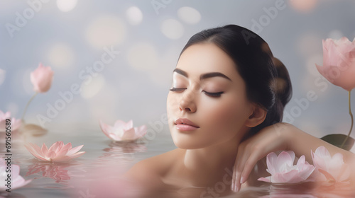 Relaxed woman with closed eyes in a bath with flowers. Perfume, fragrance, aroma, skin care. Generative AI.