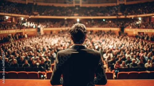 Motivational speaker standing on stage with spotlight