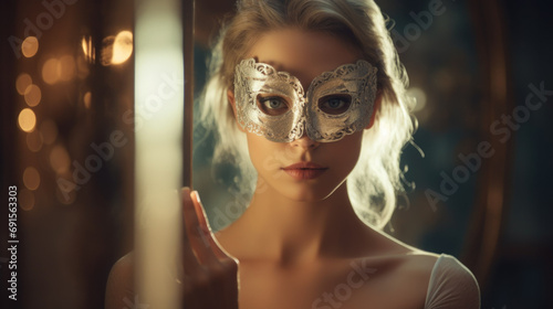 Portrait of a woman hiding behind mask, psychology and psychiatry concept