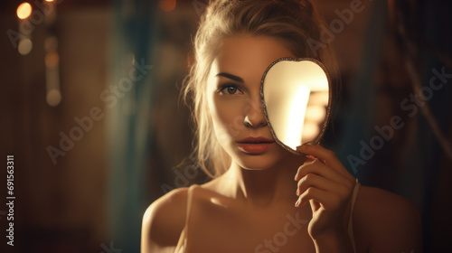 Woman hiding face behind of the mirror, psychology and psychiatry concept 