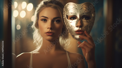 Portrait of a woman hiding behind mask, psychology and psychiatry concept