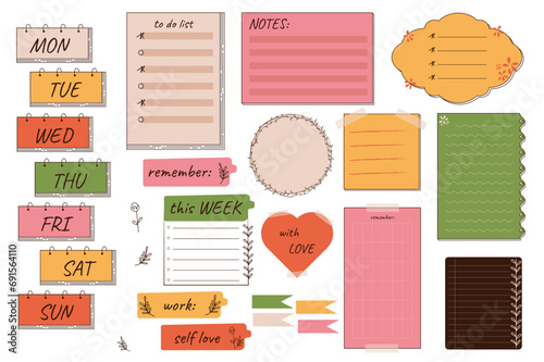 Planning stickers mega set in flat design. Bundle elements of organizer weekly tags, to do lists, notes templates, memo boards, paper pieces and reminders. Vector illustration isolated graphic objects