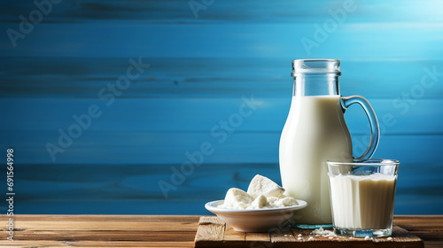 Fresh milk and milk cheese on blue wooden background