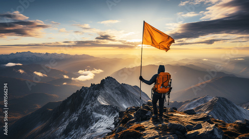 Climber holding flag on high peak with sunrise