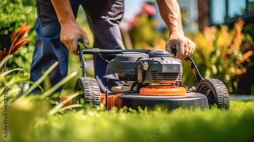 Gardener trimming plants with lawn mower