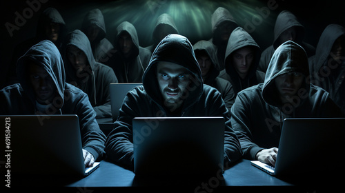 In shadows, cybercriminals lurk, silhouetted figures hunched over laptops, orchestrating their digital schemes. Their faces hidden, they navigate the virtual realm with malevolent