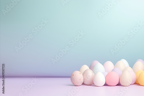 The varied palette of Easter eggs, each in a pastel hue, lies across a gradient background, creating a tranquil holiday display