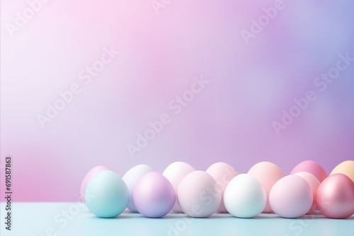 A soft gradient background complements a spread of pastel Easter eggs, showcasing the delicate colors of the season