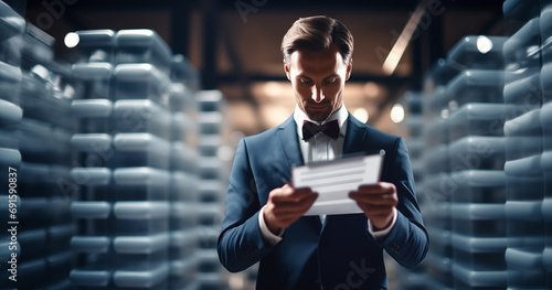 Elegant man in suit with bowtie holding digital guest list