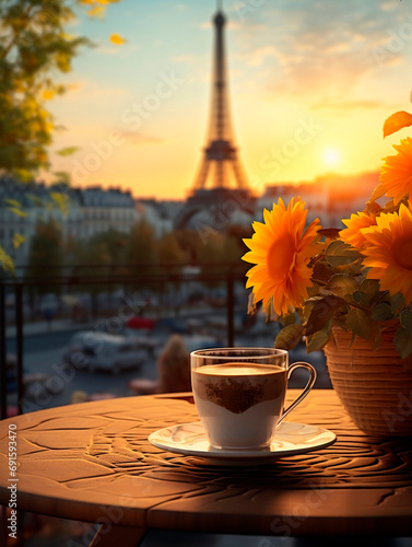 Cup of coffee with sunflowers and Eiffel tower in Paris, France