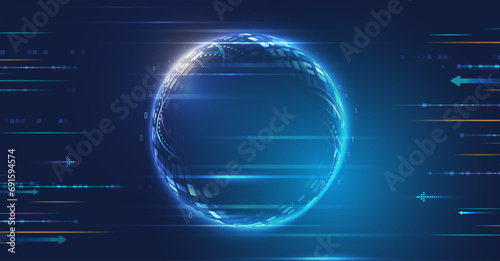 Wide Blue background with various technological elements. Abstract circle technology communication, vector illustration. Futuristic design for presentation. Hi-tech computer digital technology concept