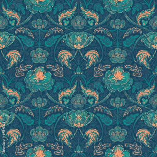 Seamless pattern, ornament with leotard and cinquefoil, flowers and leaves on a blue background in Morris style. Small format. Digital illustration. Suitable for interior, wallpaper, fabrics, clothing