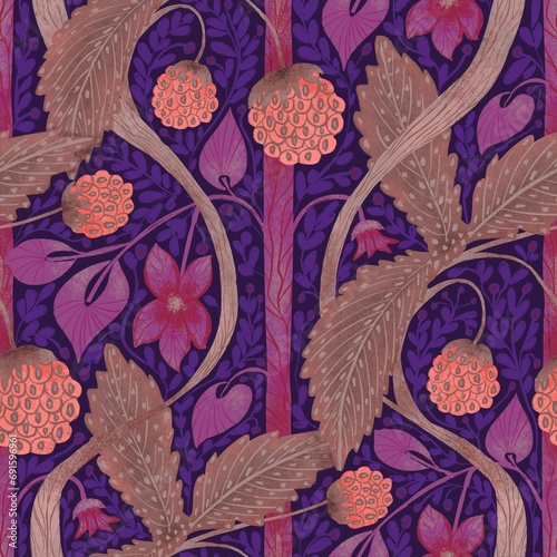 Seamless pattern, ornament with strawberries, flowers and leaves on a blue background in Morris style. Digital illustration. Suitable for interior, wallpaper, fabrics, clothing, stationery.