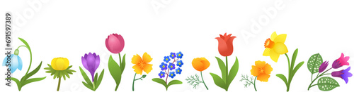 Spring floral border endless repeat design. Vibrant floral pattern seamless border. Cottagecore springtime flowers bloom. Spring garden - daffodil, tulips, crocus, snowdrop, forget-me-nots.