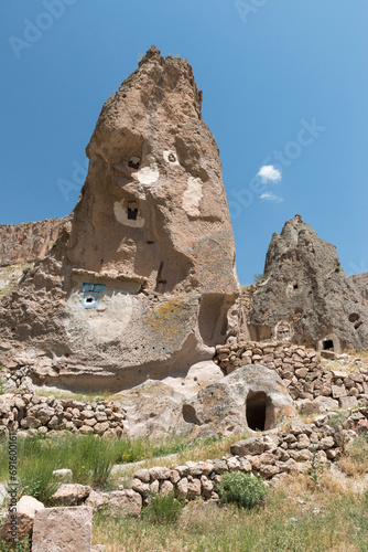 Canavar Church, eroded volcaninc rock cliff with dove houses in Soğanlı Valley, Cappadocia, Turkey