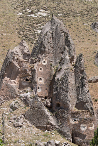 unique volcanic rock formation with several pigeon houses in Soğanlı Valley, Cappadocia, Turkey