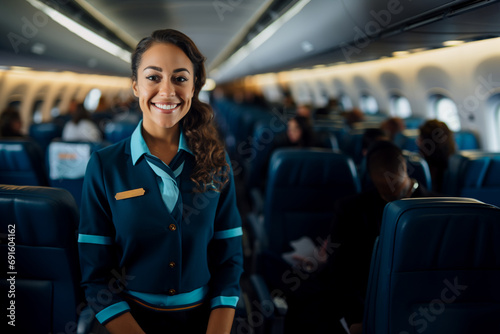 portrait of smiling stewardess in front view on an airplane, welcoming passengers