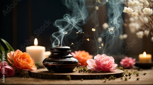Aromatherapy concept, aromatic incense sticks and candles, spa and wellness background,