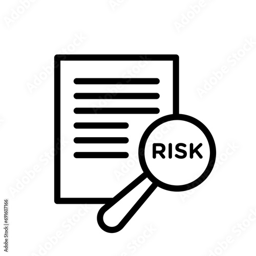 Risk icon. financial report data audit with magnify glass and find error or fraud while inspection symbol mark. report document with adverse risk factor vector logo. harmful result find sign