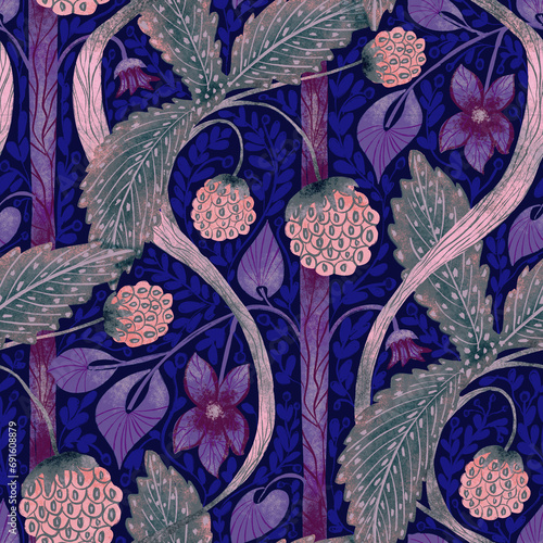 Seamless pattern, ornament with strawberries, flowers and leaves on a dark purple background in Morris style. Digital illustration. Suitable for interior, wallpaper, fabrics, clothing, stationery.