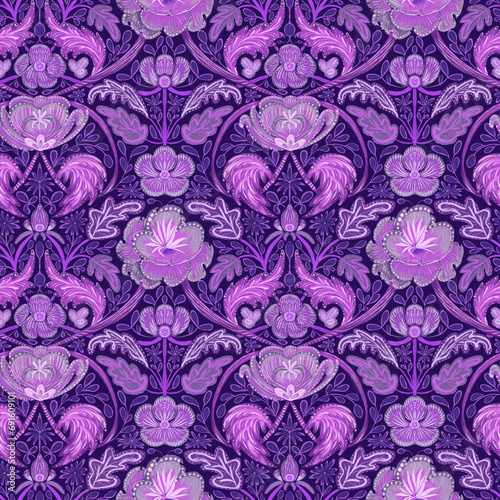 Seamless pattern, ornament with leotard and cinquefoil, flowers and leaves on a purple background in Morris style. Small format. Digital illustration. Suitable for interior, wallpaper, fabrics, clothi
