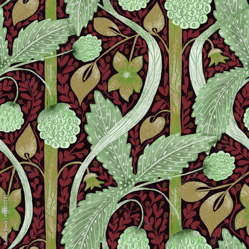 Seamless pattern, ornament with strawberries, flowers and leaves on a burgundy background in the Morris style. Digital illustration. Suitable for interior, wallpaper, fabrics, clothing, stationery.