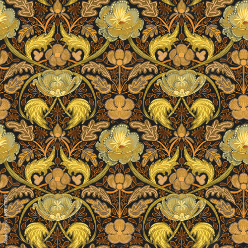 Seamless pattern, ornament with leotard and cinquefoil, flowers and leaves on a brown background in Morris style. Small format. Digital illustration. Suitable for interior, wallpaper, fabrics, clothin