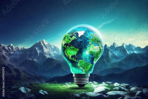 Light Bulb with Green World Map, Illuminated by Sunlight against Mountain Scenery - Empowering an Eco-Conscious Future and Innovating Environmental Solutions through Alternative Energy Concepts