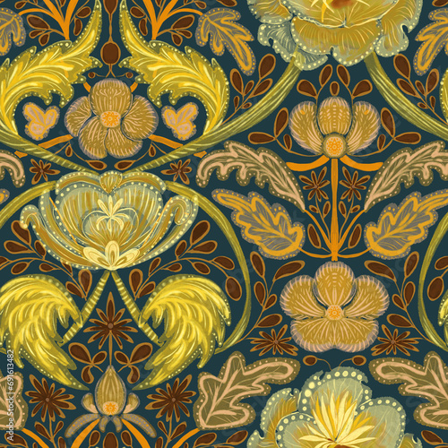 Seamless pattern, ornament with leotard and cinquefoil, flowers and leaves on a gray and brown background in Morris style. Large format. Digital illustration. Suitable for interior, wallpaper, fabrics
