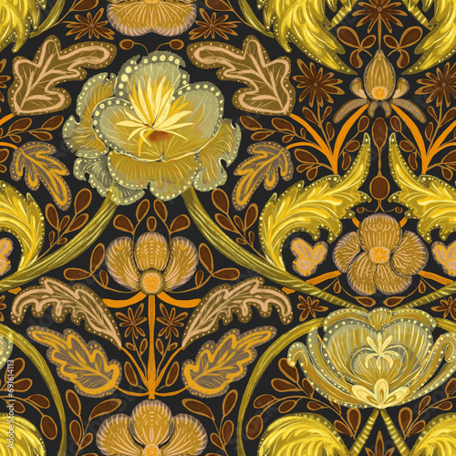 Seamless pattern, ornament with leotard and cinquefoil, flowers and leaves on a dark background in the Morris style. Large format. Digital illustration. Suitable for interior, wallpaper, fabrics, clot