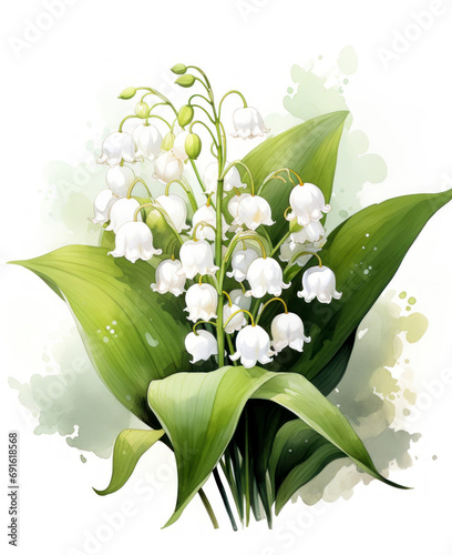 Forest lilies of the valley on white background. Watercolor masterpiece. Twigs and leaves. White spring flowers. Copy space. Close-up.