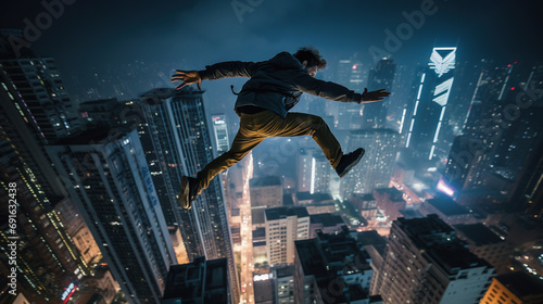 Young man jumps from the roof, Parkour or base jumping trick of an action stuntman