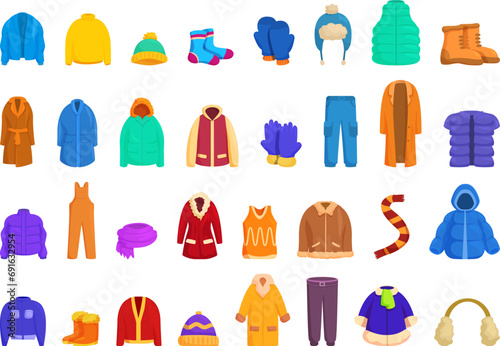 Wardrobe winter icons set cartoon vector. Coat jacket. Season sweater