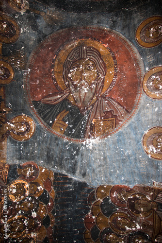 Jesus "Ancient of Days" icon at the apex of the roof of Canavar Church in Soğanli Valley, Cappadocia, Tukrey