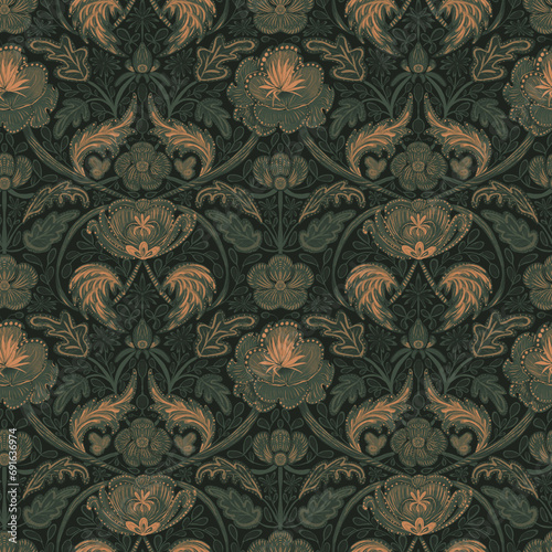 Seamless pattern, ornament with leotard and cinquefoil, flowers and leaves on a brown background in Morris style. Small format. Digital illustration. Suitable for interior, wallpaper, fabrics, clothin