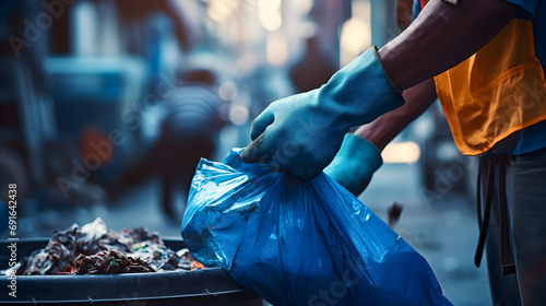 Close up photography of garbage man worker, wearing blue gloves, picking up bags full of trash. Dirty city streets cleaning, rubbish removal, public service, waste dustbin