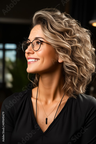 Woman with glasses and necklace smiling at the camera.