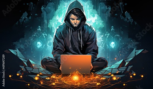 chłopak haker w jaskini z laptopem i bluzie z kapturem