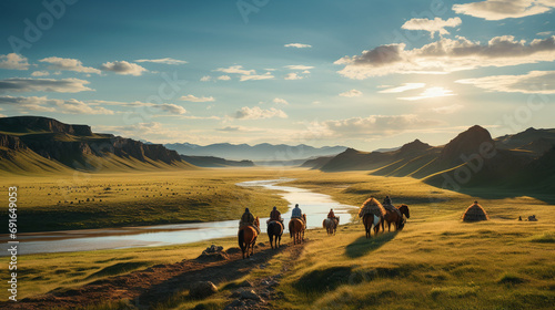 nomadic Mongolian tribe on the vast steppe