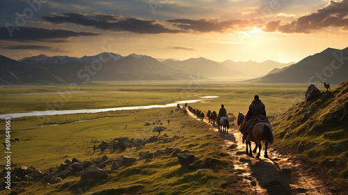 nomadic Mongolian tribe on the vast steppe