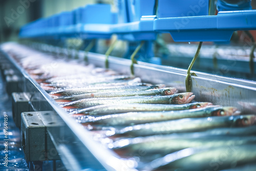 Raw sea fish on a factory conveyor. Production of canned fish. Modern food industry. Fish processing plant.