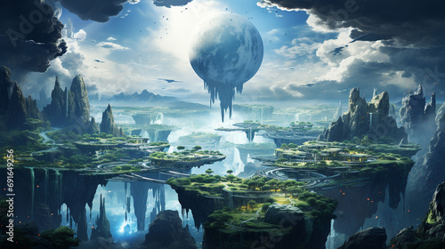 surreal dreamscape with floating islands and waterfalls in the sky