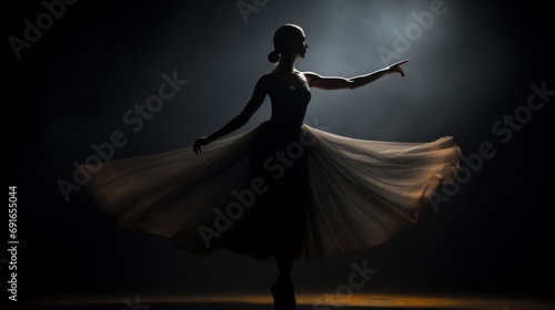  a woman in a white dress is standing in the dark with her arms out and a light shining on her face behind her is a spotlight behind her is a black background.