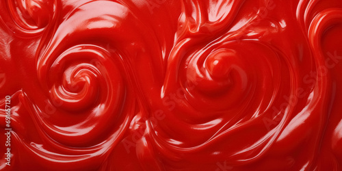 Background flat lay with tomato sauce ketchup of ripe vegetables create beautiful, smooth waves and swirls on surface