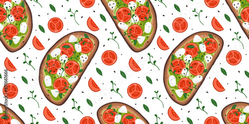 Pattern with bruschetta, tomato and greenery