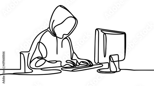 One continuous line of a Computer Hacker. Thin Line Illustration vector concept. Contour Drawing Creative ideas