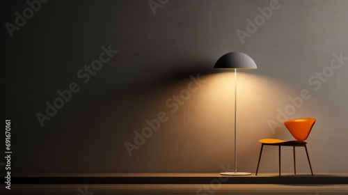  a room with a chair and a lamp on the side of the wall and a floor lamp on the other side of the room with a chair on the floor.