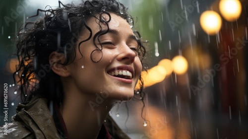  a woman smiles as she stands in the rain with her head turned to the side and her hair blowing in the wind, with a street lamp in the background.