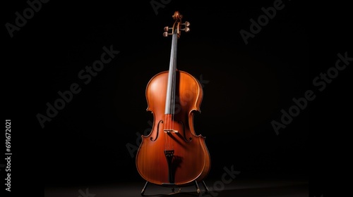  a violin sitting on top of a stand in the middle of a dark room with its back turned to the camera and the strings still attached to the side of the cello.